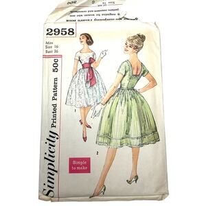 Simplicity Vintage 1959 Pattern #2958 Flare Swing Dress Miss Size 16